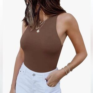ReoRia High Neck Racerback Sleeveless Bodysuit Tank Top Brown Size XL